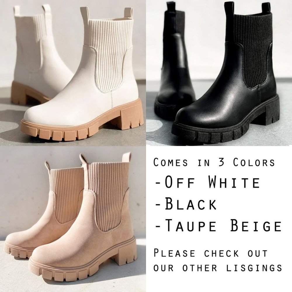 NEW Taupe Beige Chunky Lug Sole Platform Elastic Sock Ankle Chelsea Bootie Boots - Picture 13 of 13
